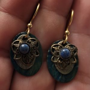 Boho Artisan Lapis Lazuli Blue Bronze Toned Filigree Handmade Earrings